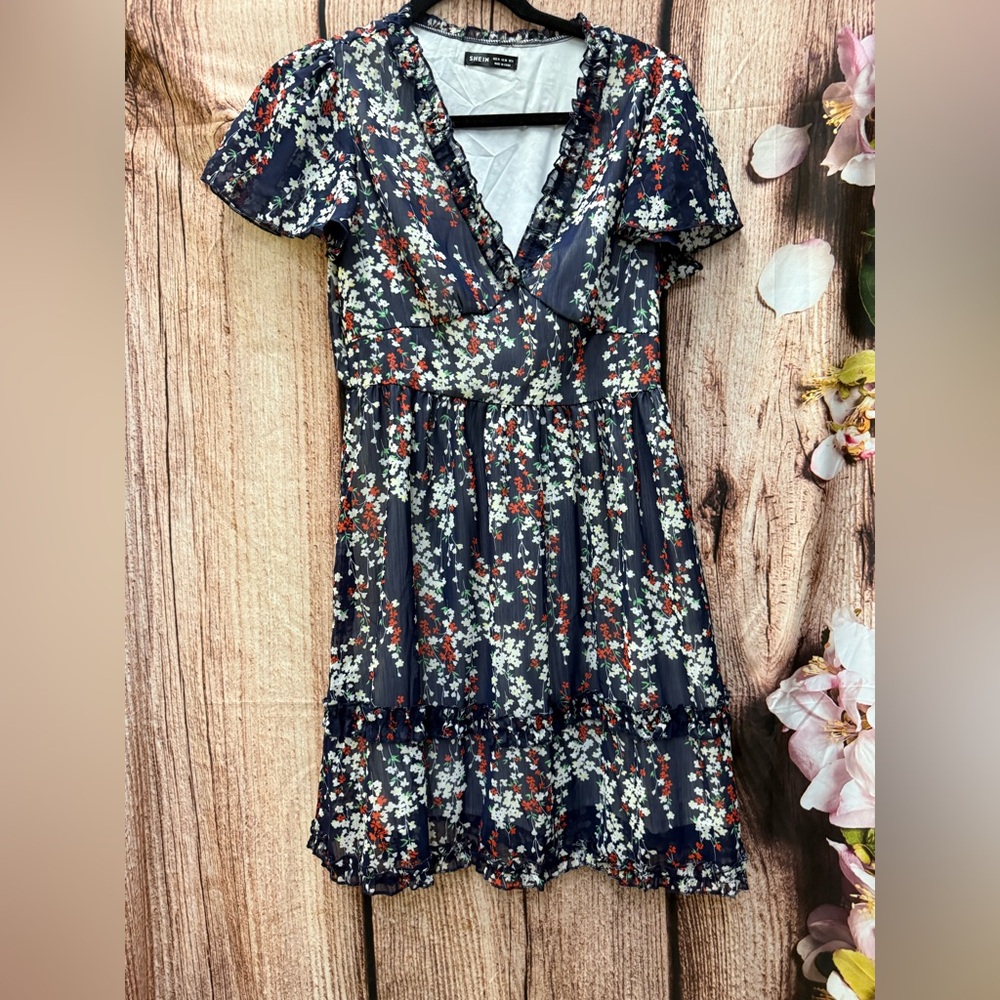 Floral Navy Dress with Ruffle Details